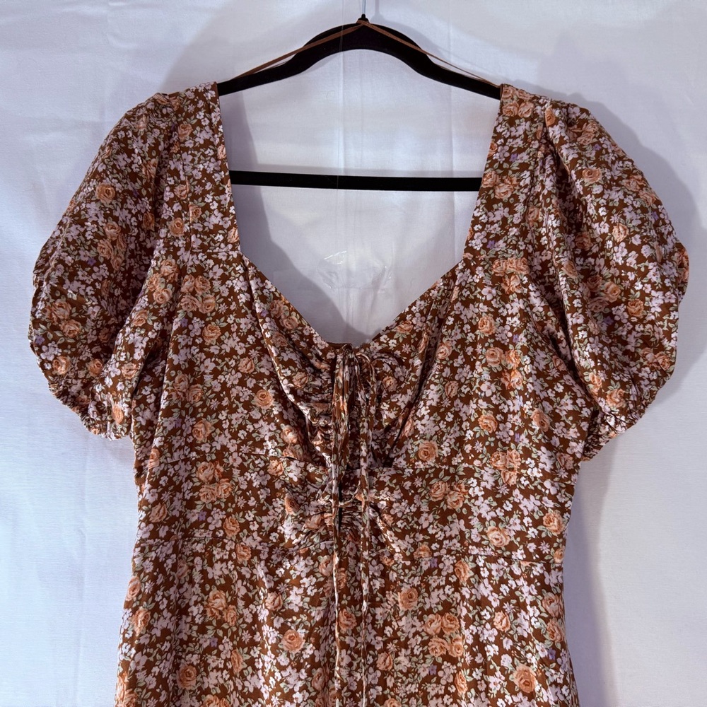 Astr Floral Puff Sleeve Maxi Dress - Pink and Brown Sz L Front Cutout Coquette - Picture 2 of 15